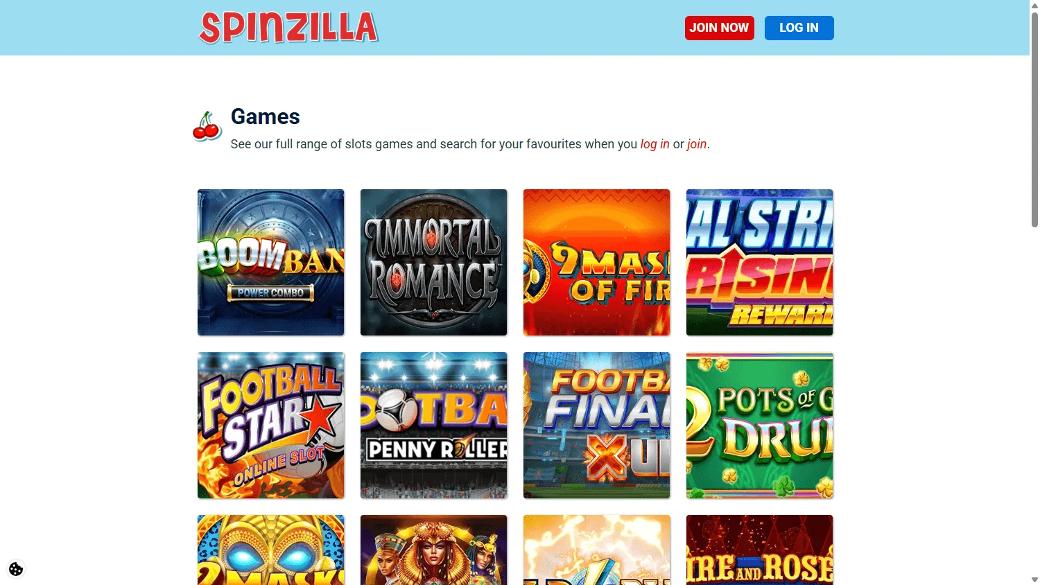 Spin It Casino game selection on desktop